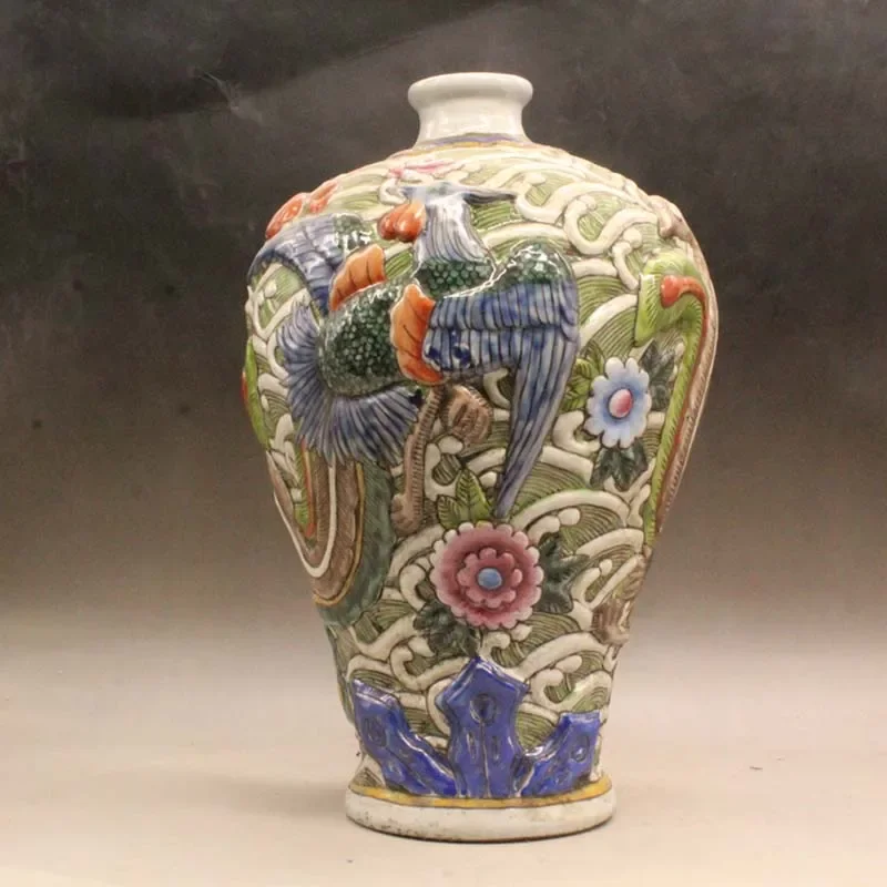 Phoenix Bird Engraved Vase Carving Bottle Antique Ceramic Vase Pottery Vase Flowers China Porcelain Old Manor Castle Decor