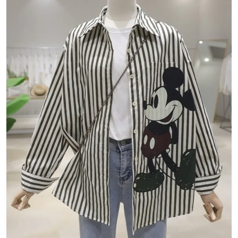 Age Reduction Versatile Cartoon Cute Blouse 2024 Early Autumn Loose Thin Medium And Long Cotton Striped Long-sleeved Shirt Women