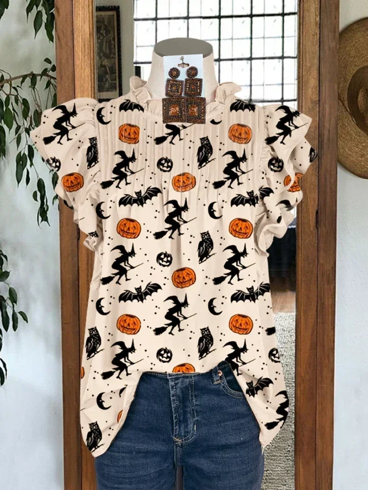 Elegant Ruffled Sleeve Paneled Pleated Pumpkin Top Halloween Pumpkin Print Blouse