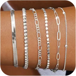 6pc/set Waterproof Stainless Steel Bracelet Set for Women Girls Fashion Bead Figaro Herringbone Paperclip Chain Bracelets Pack