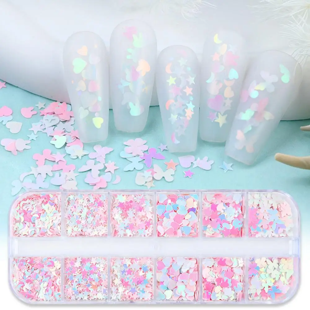 Mermaid Iridescent Glitter Nail Sequin 12 Grids Star Moon Heart Rabbit Butterfly Shape Shiny Nail Art Sequins Various Styles Man