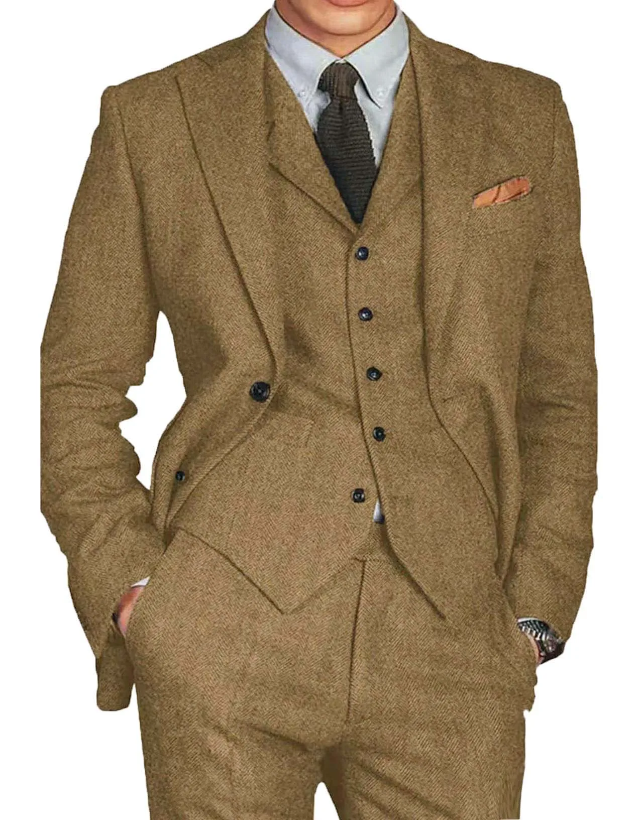 

3 Pieces Men's Suits Tweed Herringbone Slim Fit Business Cauasl Waistcoat Jacket Groomsmen Wedding Suits (Blazer+vest+Pants)
