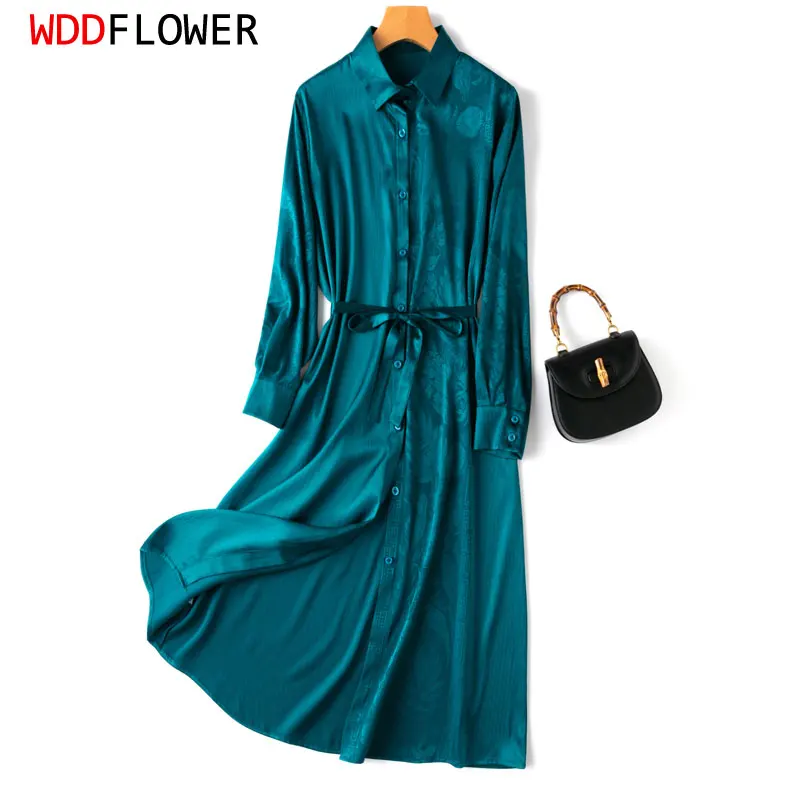 

Women Silk Shirt Dress 93% Mulberry Silk 7% Spandex 21 Momme Jacquard Long Sleeve Belted Waist Peacock Blue Midi Dress MM700