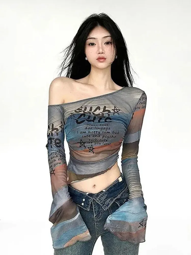 Sexy T Shirts Women Diagonal Collar Off Shoulder Long Sleeve Slim Irregular Crop Tops Grunge Y2k Harajuku Ladies Tee