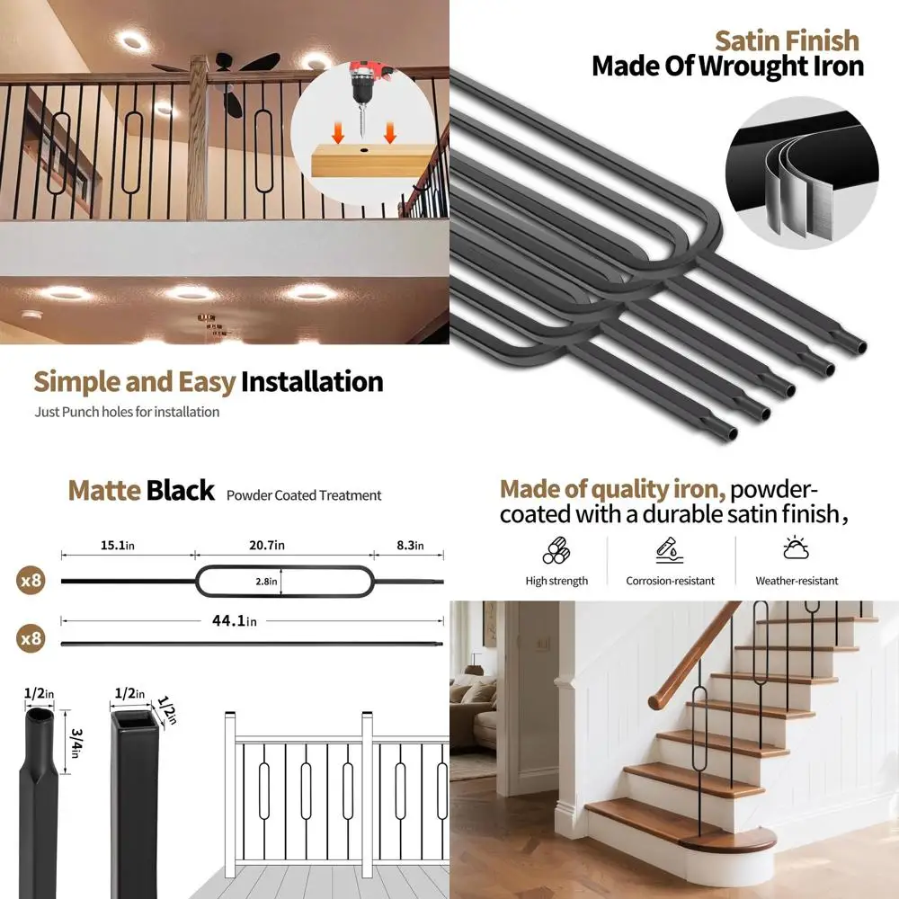 

Набор из 16 железных балясин, 44 кованых железных перил для лестниц, металлические опоры сатинированного черного цвета - 8 овальных и 8 прямых.