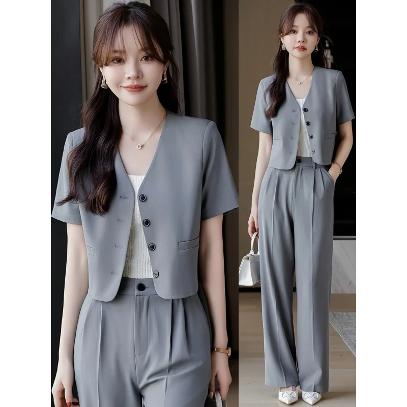 

Short blazer for petite women, summer thin style, fashionable and elegant professional attire, casual wide-leg pants suit