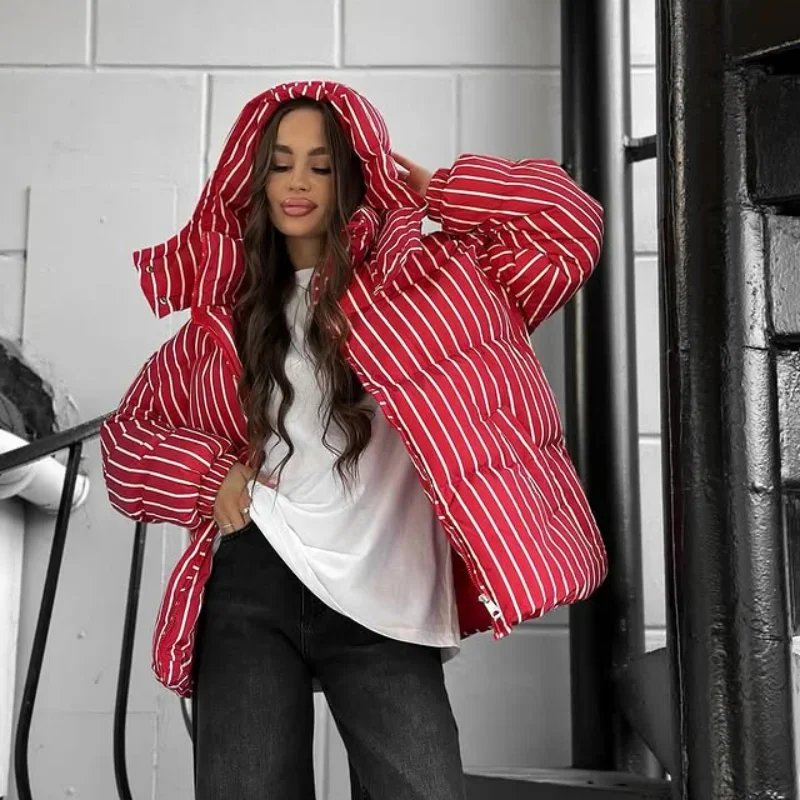 

Women Striped Quilted Jacket Fashion Loose Hooded Thicken Zippers Long Sleeve Female Outwear 2025 Autumn Winter Lady Streetwear