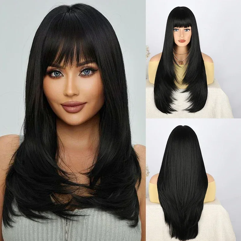 Black Layered Synthetic Wig with Bangs Long Straight Wigs for Women Cosplay 28 Inch Heat Resistant Fiber Fake Hair Wig Daily Use