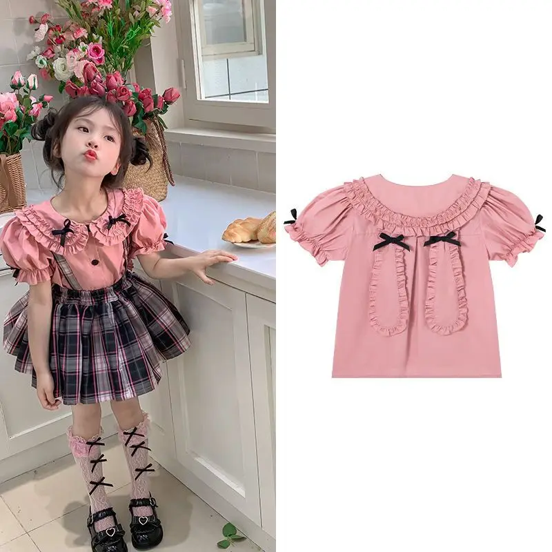 Children\'s Clothing Baby JK Skirt Cute Pure Cotton Rabbit Ear Shirt Girls Checkered Strap Pants Academy