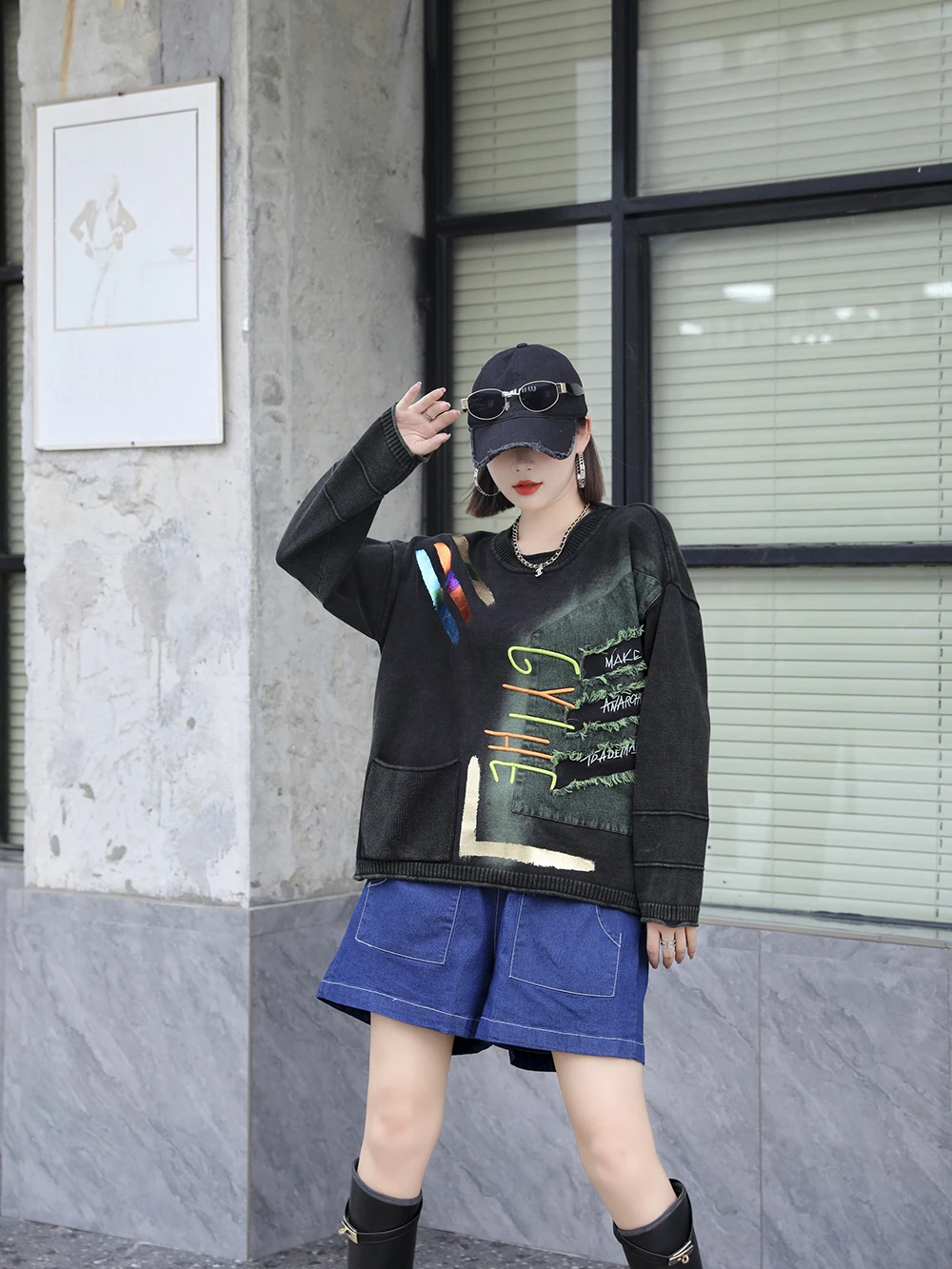 

Женский джинсовый пуловер с длинным рукавом, Свободный пуловер составного кроя с карманами и бронзовым узором, в стиле High Street, зима 230856