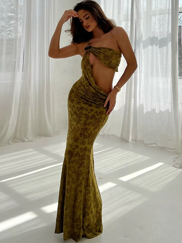 Nibber Perlen Patchwork Unregelmäßigen Hohl Maxi Kleid Frauen Einzigen Schulter Gurt Tailleless Street Fashion Temperament Vestidos