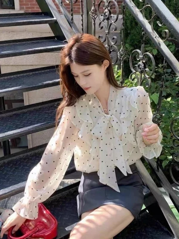 

Весенняя женская повседневная блузка 2026 года в горошек с завязками, свободного кроя, с длинным рукавом, модный топ