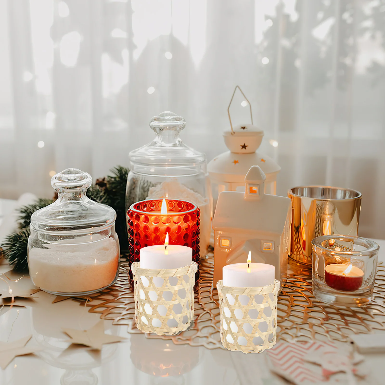 

4Pcs Bamboo Woven Cup Holders Sturdy Heat Resistant Sleeve Home Decorative Accessory Woven Cup Sleeve Glassware Covers