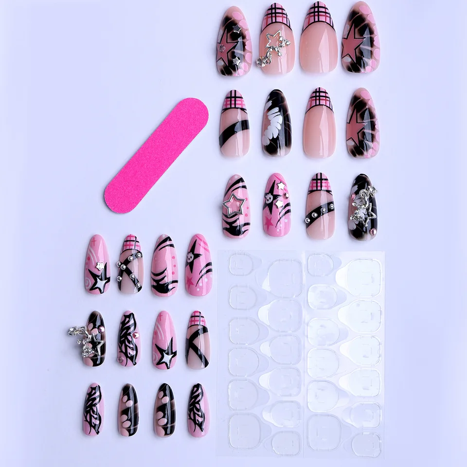 24 piezas de uñas postizas dulces y geniales, rosas brillantes, en forma de almendra, estilo francés, chica picante, decoración de estrella metálica Y2K, encanto 4
