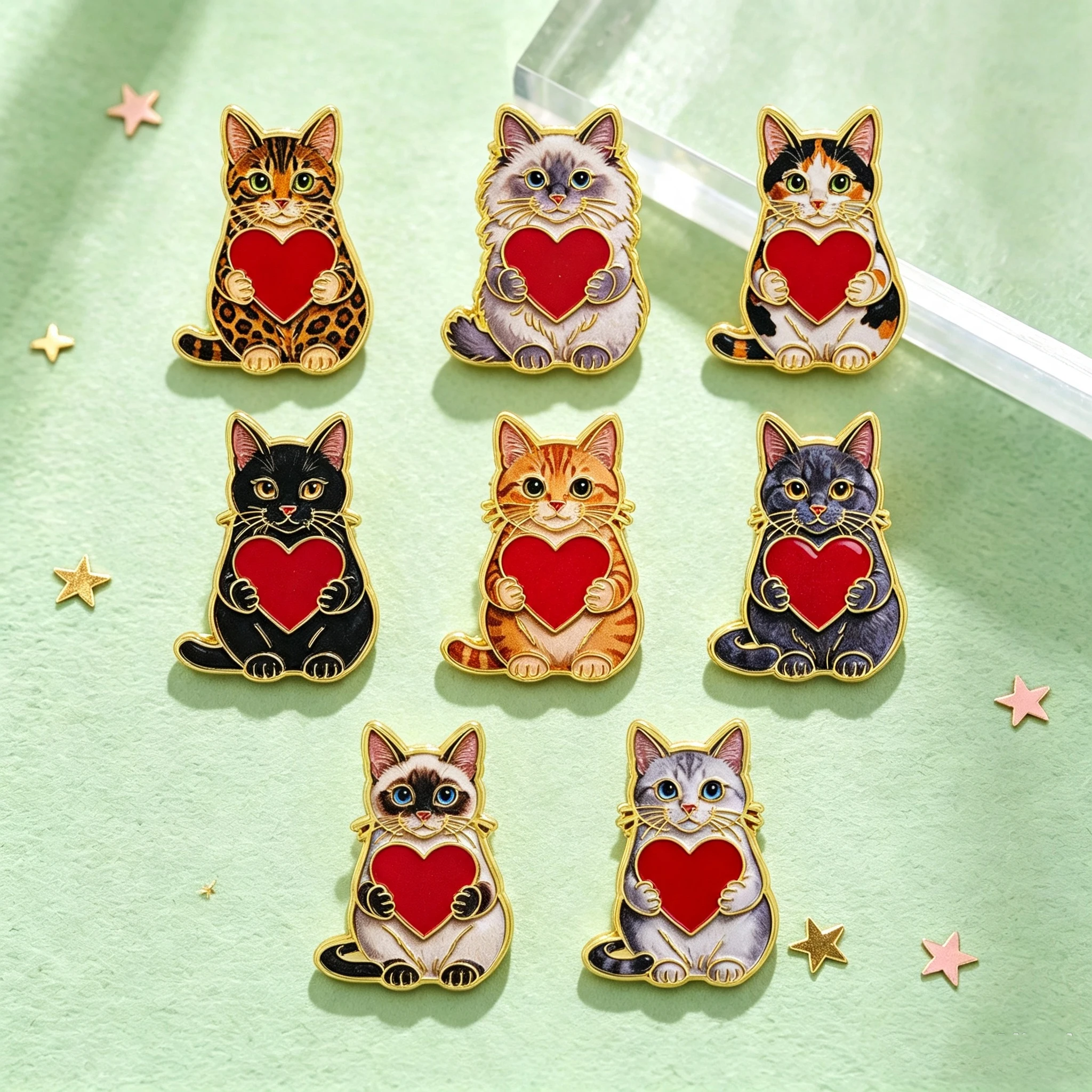 8-teiliges Set Cartoon-Katze mit Herz Emaille-Pin Niedliche Tier-Brosche für Rucksäcke, Taschen, Kragen, Revers-Dekoration, Schmuck, Geschenk für Freunde