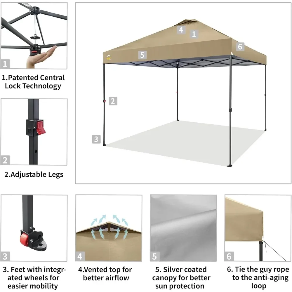 

10x10 Pop Up Canopy Tent - Patented Center Lock One-Push Instant Beach Tent with STO-N-Go Bag