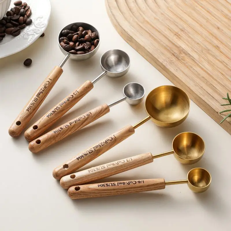 Stainless Steel Measuring Spoons with Natural Wooden Handle Multiple Sizes Accurate Scale for Home Kitchen Baking Cooking