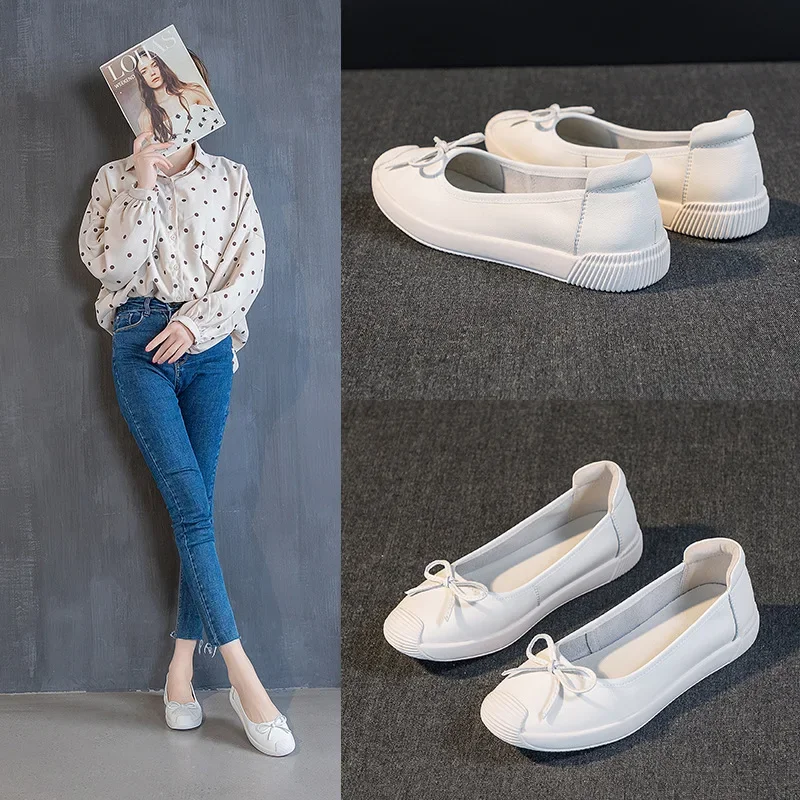 

Spring New Shallow Mouth Leather Little White Shoes Soft and Comfortable Bow Flat Bottom Driving Shoes Casual Women's Shoes