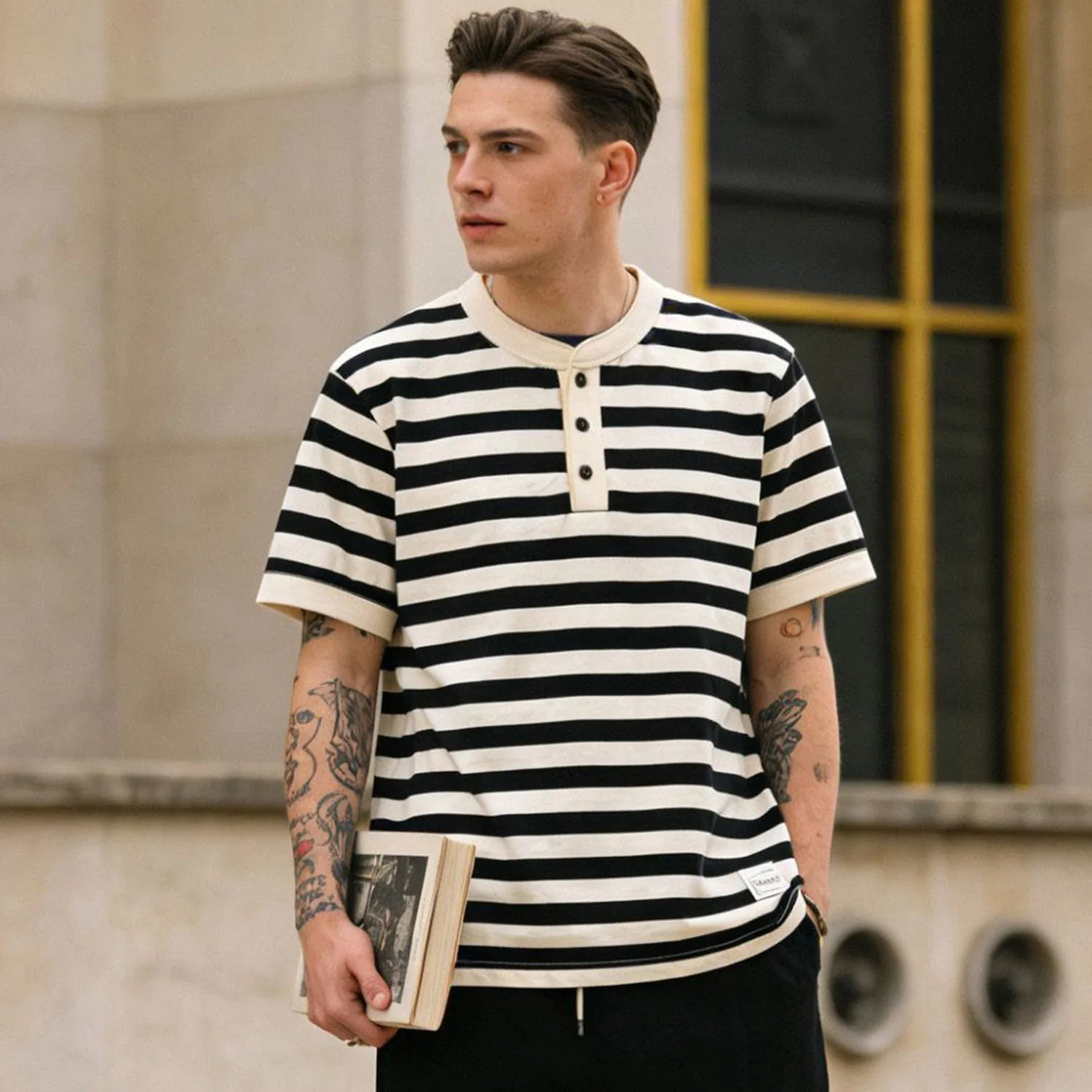 American Retro Amikaji 240g Heavy Duty Short Sleeve Striped Henley Neck T-shirt Sleeves Sea God Shirt
