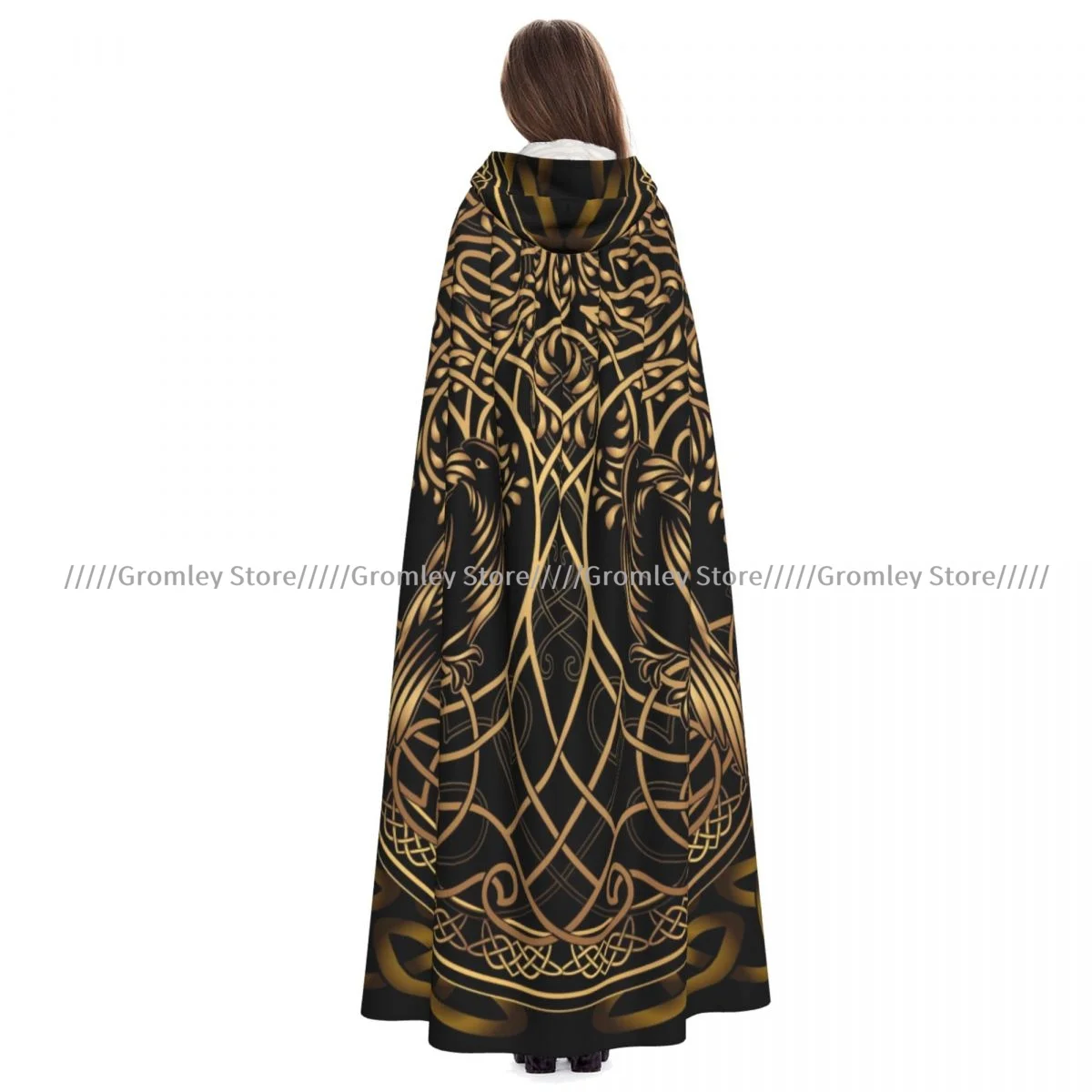 Unisex Halloween Cloak Yggdrasil Raven Cape Hooded Medieval Costume Witch Wicca Vampire