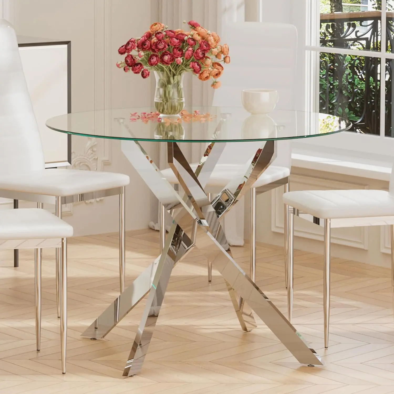 Glass Dining Table,Round Kitchen Table With Chromed Legs,35.3