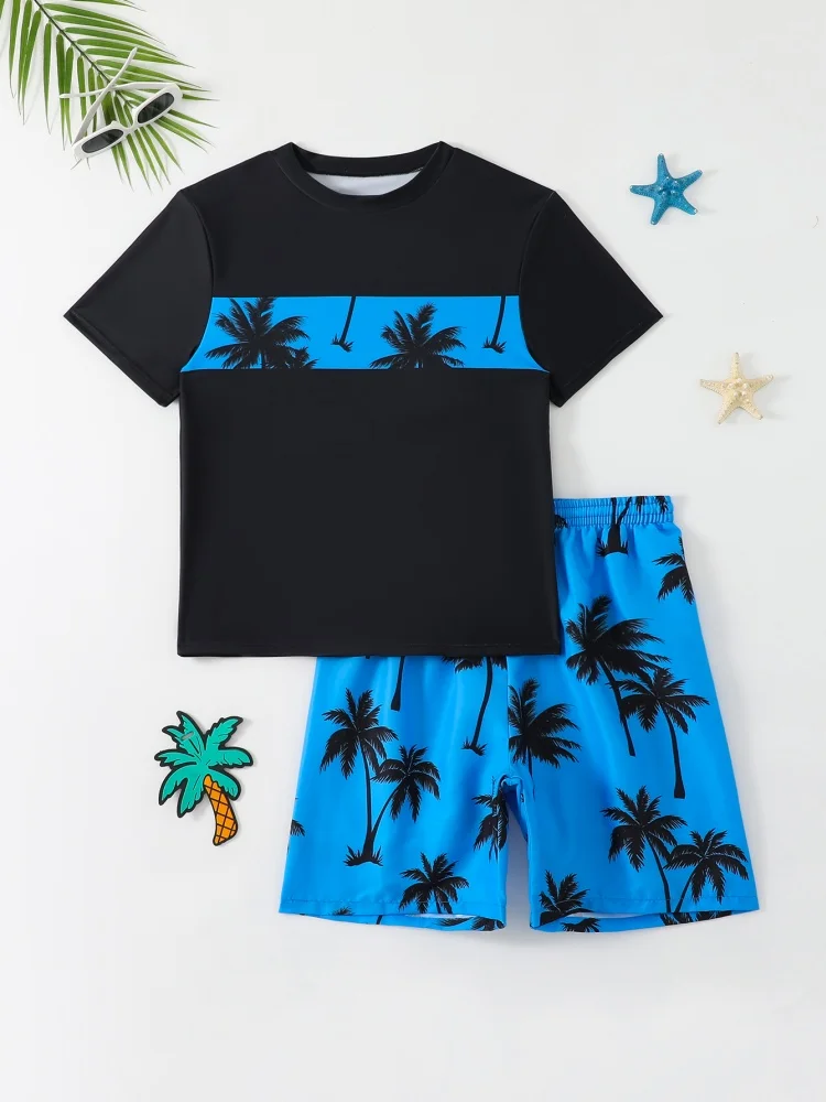 Boy Kids Swimsuit 2026 New Coconut Tree Print Short Sleeves Children Swimwear Summer 2 Piece Beach Shorts Bathing Suit Swimming