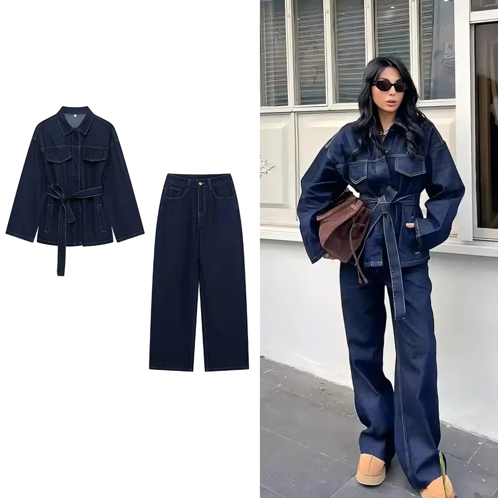 Women Fashion 2 Pieces Sets With Belt Denim  Jackets & Vintage Front Zipper Jeans Trousers Feamle Chic Lady Pants Sets INS