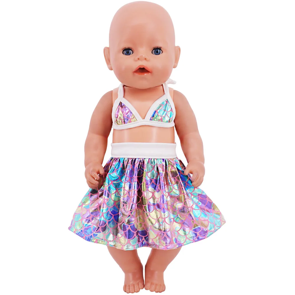 Pink Bows Swimsuit Fish Scale Style For 43Cm Baby Items&18Inch American Doll Girl,Generation Born Baby Accessories Doll Clothes