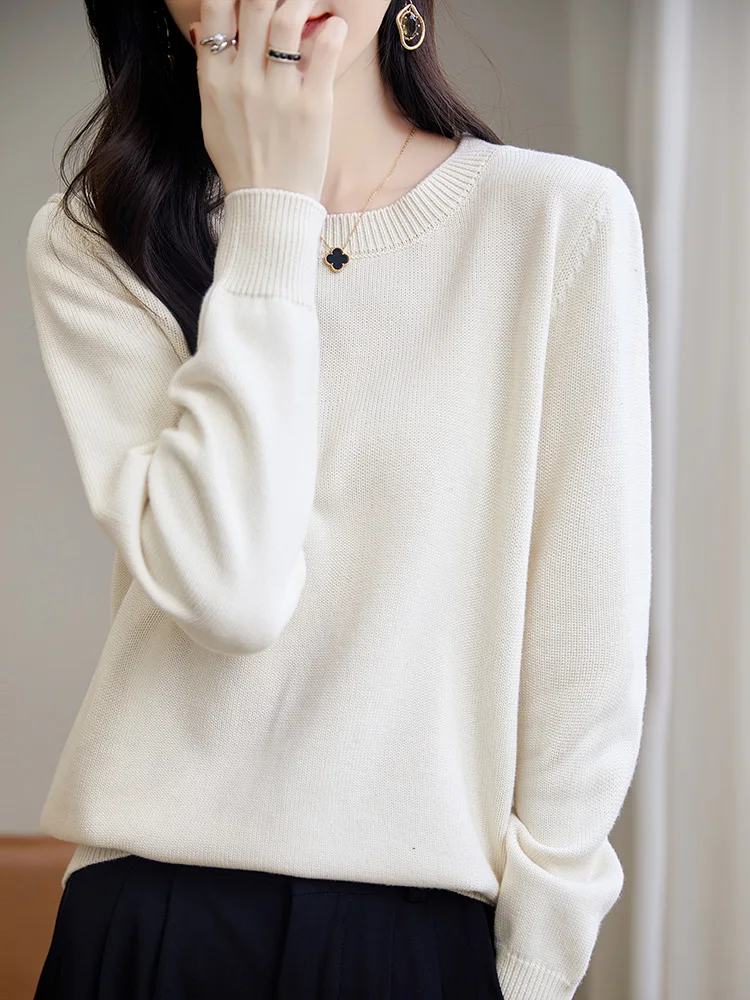 Thickened Pure Cotton Knitted Sweater round Neck Casual Inner Wear Loose Women's Top Comfortable Breathable Long Sleeve Crew ...