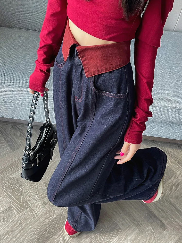 Pantalones vaqueros de pierna ancha de cintura alta para mujer, Vaqueros holgados de estilo americano para primavera y otoño, Pantalones rectos adelgazantes hasta el suelo de talla pequeña