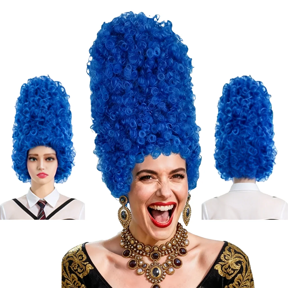 Anime Cos Blue Tall Tube Afro Wig Marge Simpson Same Style Beehive Hair High Temperature Fiber Wig For Halloween Party Role Play