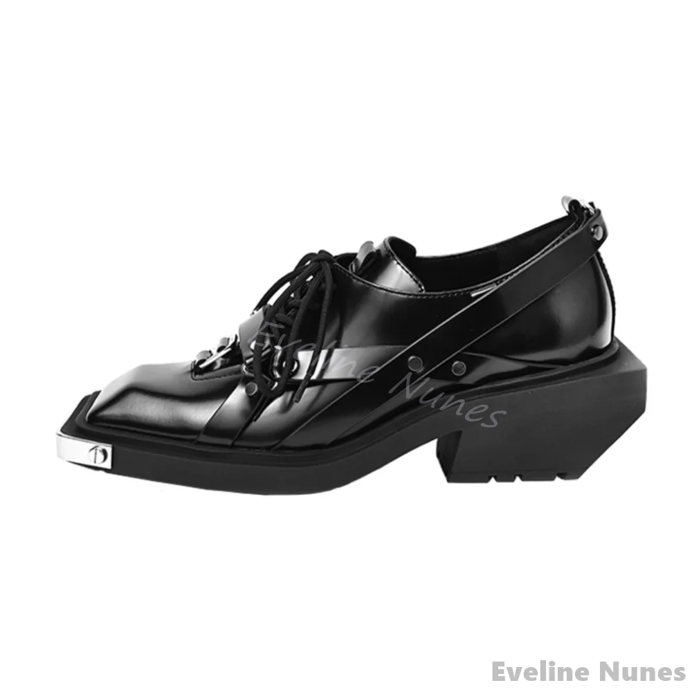 Genuine Leather Metal Square Toe Derby Shoes Men/women Oblique Square Root Cross Tied Casual Shoes 2025 Spring New Hotties Shoes