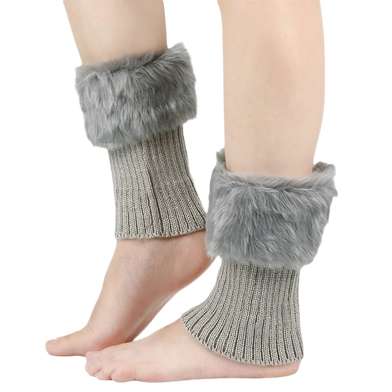 Plush Trim Ribbed Knit Leg Warmers Women's Cute JK Lolita Warm Socks Boot Cuffs for Winter Kawaii Long Socks Boot Covers