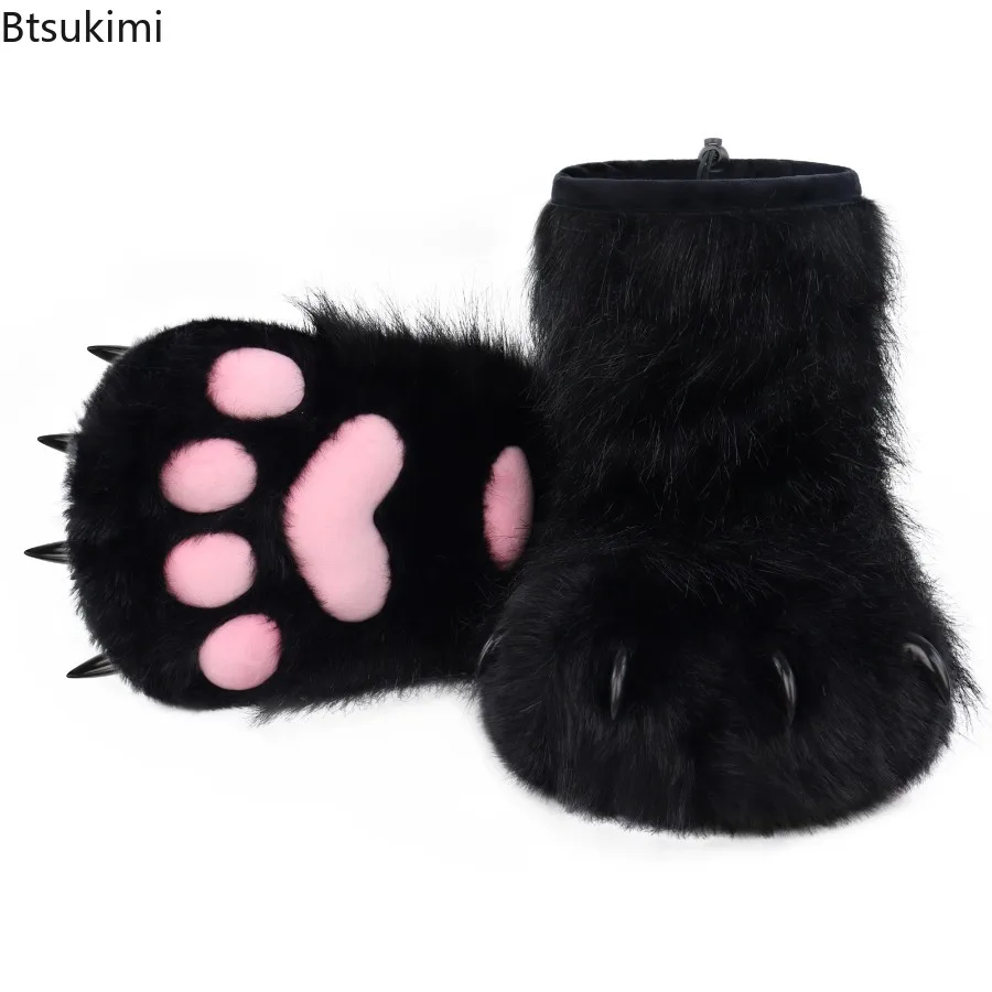 Kids Furry Animal Paw Short Faux Fur Boots Cat Fox Wolf Bear Claw Play Shoes Unisex Halloween Role‑Play Party Costume Accessory