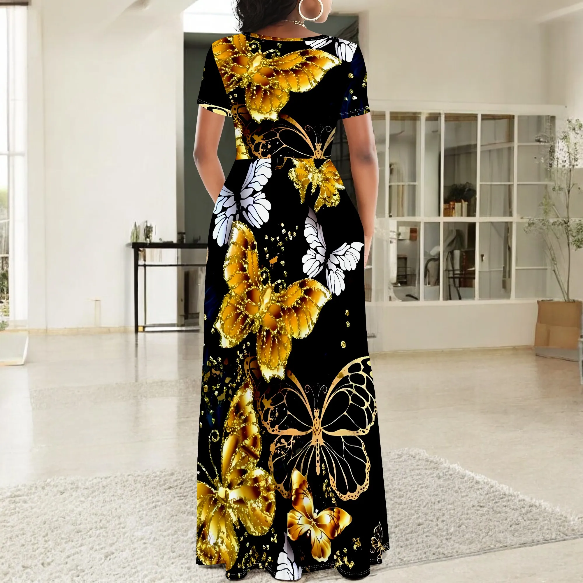 Abito lungo Boho ampio da donna a maniche corte con collo sexy, abito lungo da vacanza casual con orlo diviso stampato alla moda