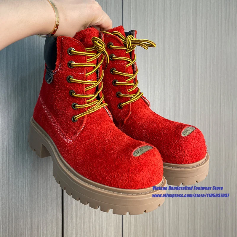 Red Suede Thick Sole Men's Boots Round Toe Platform Lace Up Ankle Booties Luxury Designer Trendy Height Increasing Men's Boots