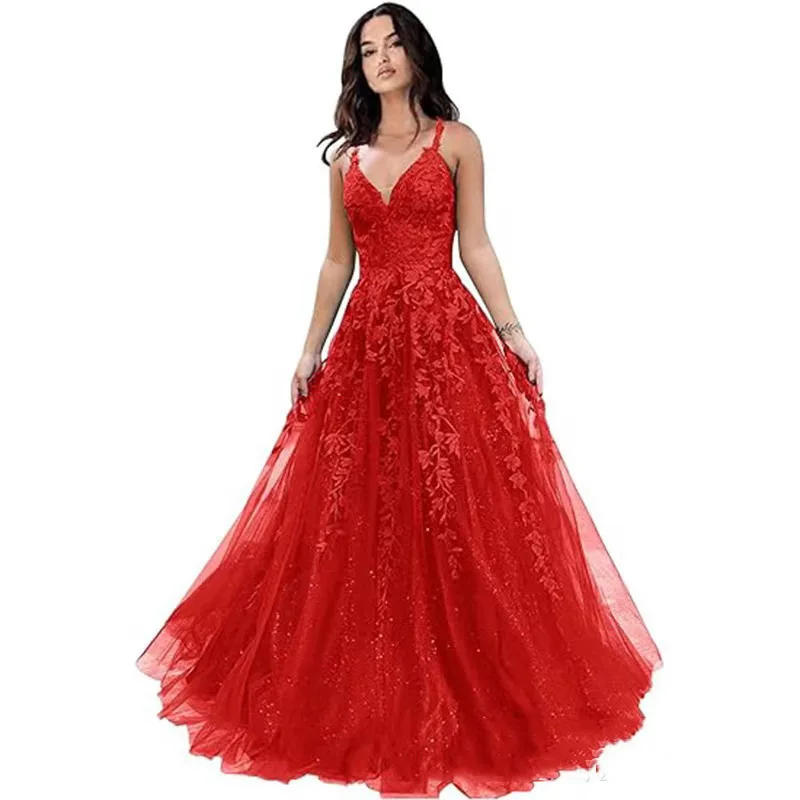 2025 جديد المرأة الصيف الخامس الرقبة مثير الشيفون الكرة فستان ، المألوف ومثير الدانتيل صائق طويل رقيقة فستان بحزام الكتف #5