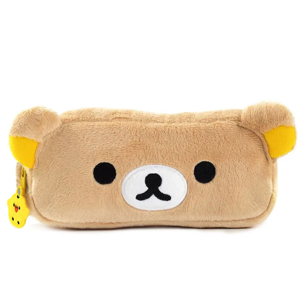 Cute Rilakkuma Bear Face Plush Zipped Pencil Case for Girls Kids School Pencil Pouch Makeup Cosmetic Container Organizer Pen Bag