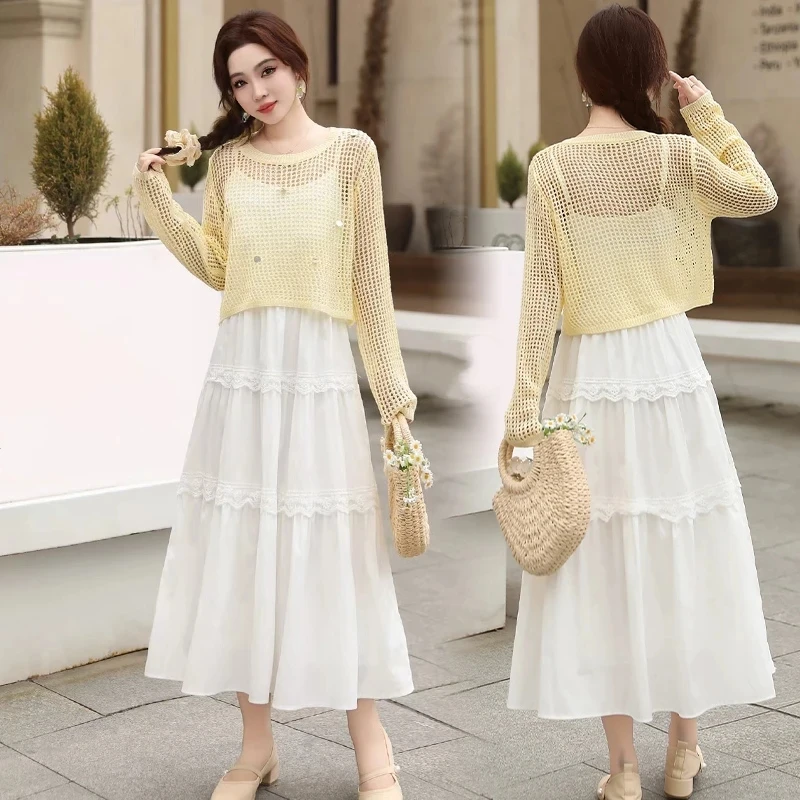 

Женские весенне-летние изящные вязаные топы с блестками, белое платье на бретельках, костюмы из двух предметов, женские корейские милые комплекты платьев