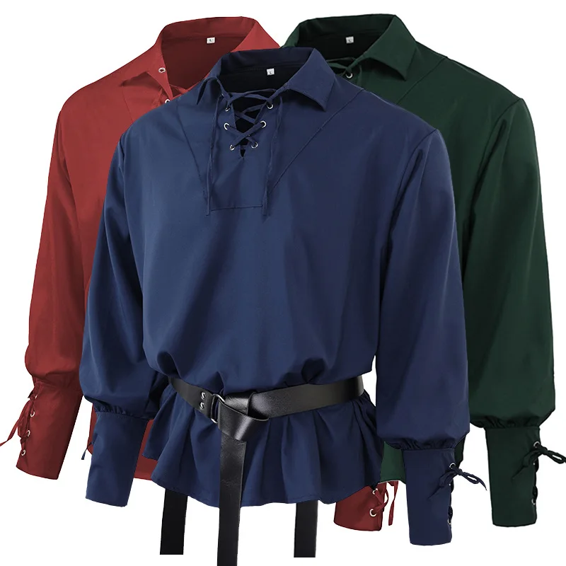 European Retro Men's Clothing, Medieval Drama Stage Performance Top, Solid Color Loose Cuffs, Tied Rope Men's Shirt