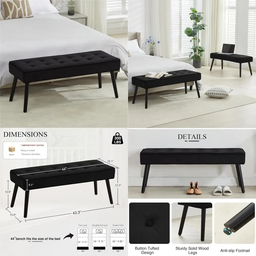 Modern Velvet Upholstered Button Tufted Bench with Solid Wood Legs - Comfortable Entryway or End of Bed Ottoman for Stylish Home