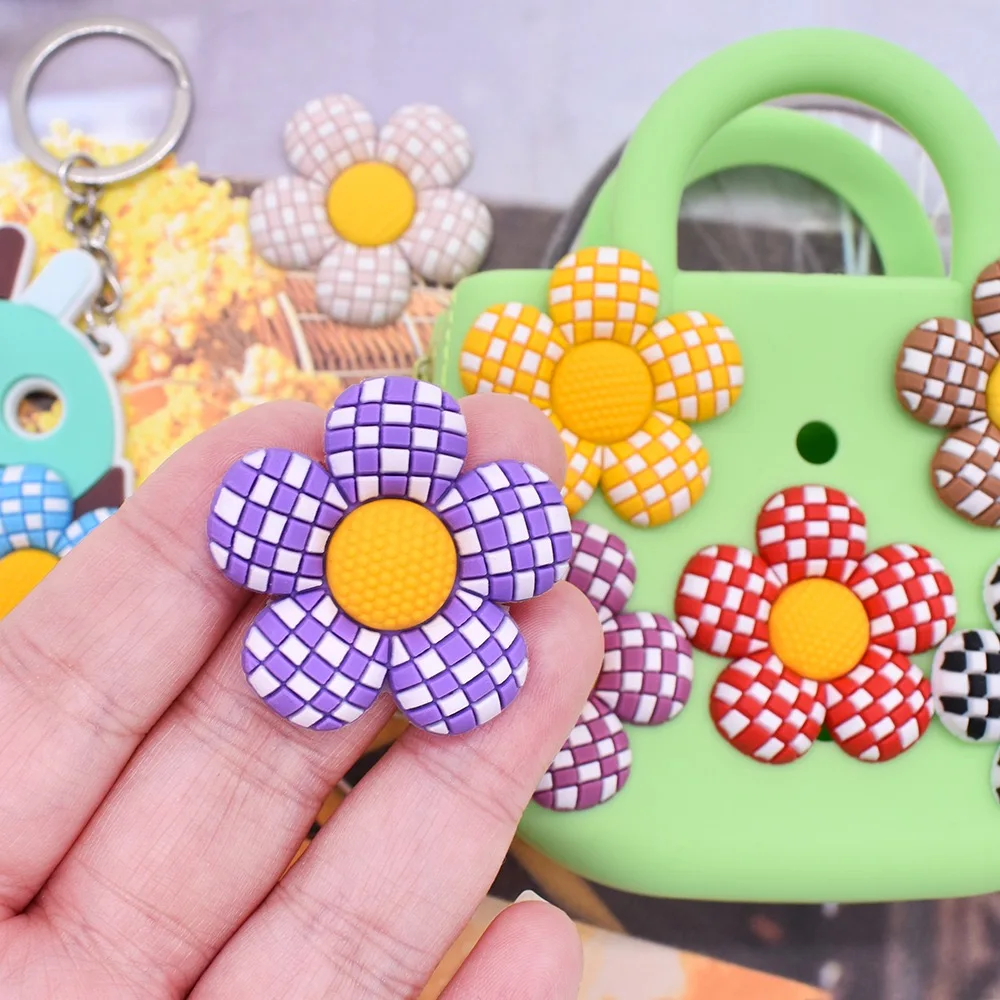 1-10Pcs Checkered Flowers PVC Shoe Charms Multicolor Clog Buckle Designer Decorations Fit Kids Birthday Gifts