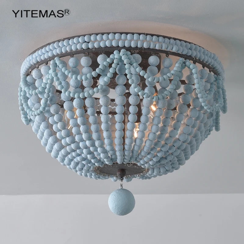 Blue Wooden Beads Nursery Ceiling Lamp Retro White Vintage Ceiling Light For Staircase Balcony Bedroom Baby Room Entryway