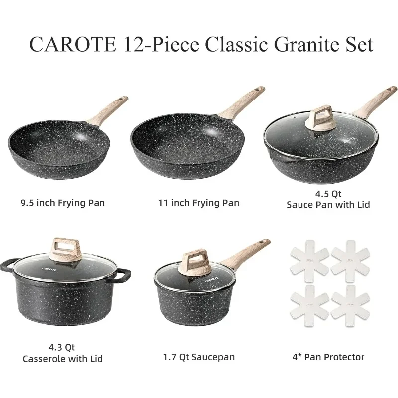 Pots and Pans Set Non Stick, Cookware Sets 12Pcs Induction Cookware Granite Cooking Set with Frying Pans