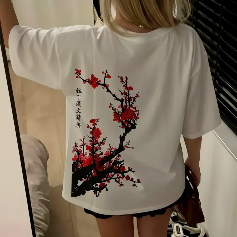 Japanese Style Red Plum Blossom T-Shirt Women  Kanji Calligraphy Graphic Print Loose Cotton Short Sleeve Vintage Harajuku Tee