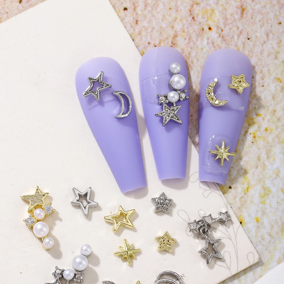 60 gold and silver mini stereo-star Pentagram Crescent Manicure decoration, y2k alloy rhinestone nail sparkly simple nail drill