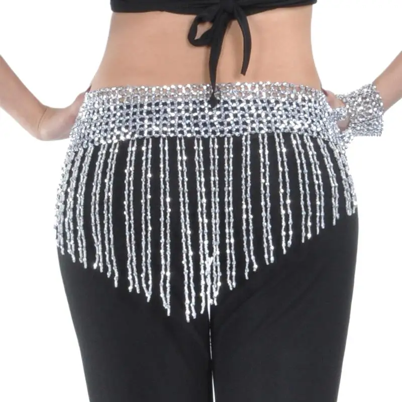 Women Glitter Bellydance Hip Scarf Hollow Beaded Wrap Waist Chain Tassels Skirt Buttocks Belt Carnival Rave Outfit Costume Suit