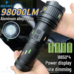 98000LM 10000MAH Powerful 100W Flashlight Portable Torch Outdoor Long Distance Strong Light Mechanical Zoom Fast Charging LED