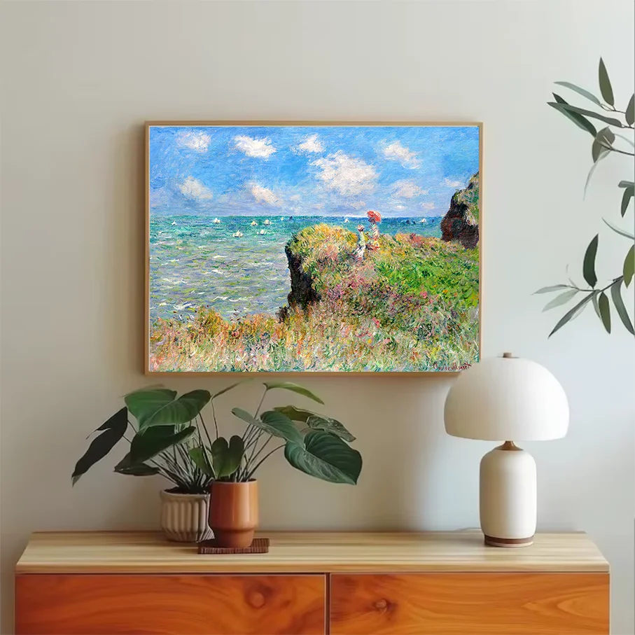 Impressionist Canvas Wall Art Woman Parasol Seaside Cliff Landscape Ocean Blue Sky Clouds Home Decor Picture Print