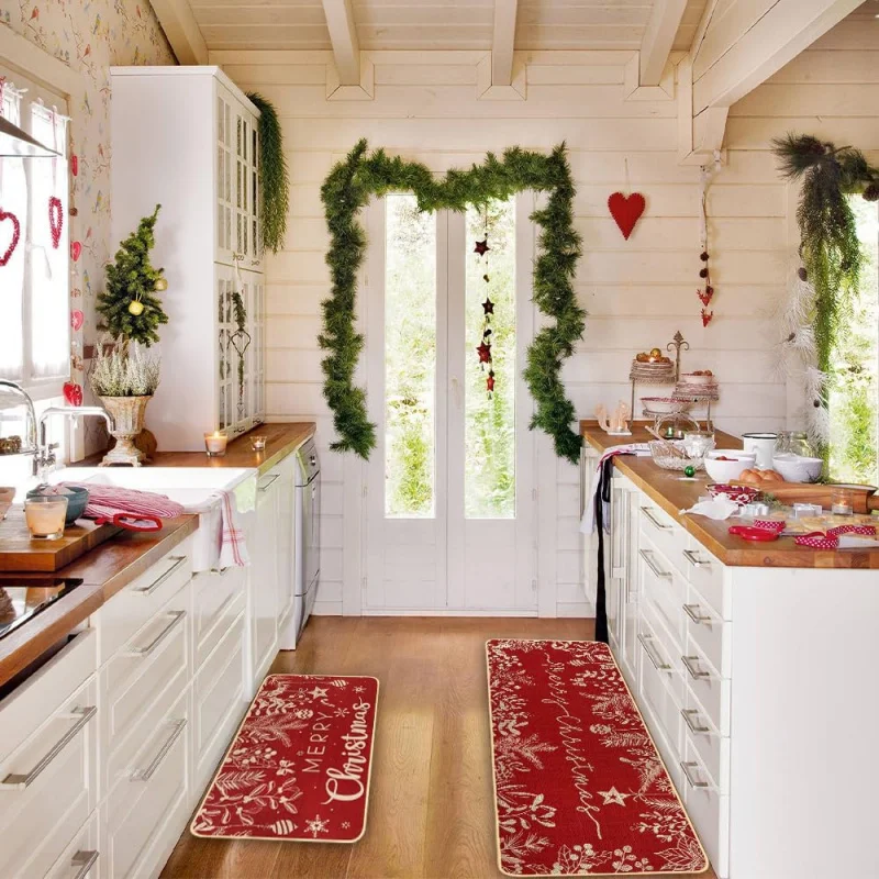 Christmas Kitchen Carpet Set with 2 Holly Branches Red Bedroom Farmhouse Decoration Door Mat 16inX24in 17inX47in